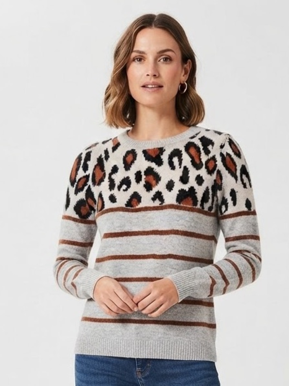Staccato Cream Gray Leopard Animal Print & Stripe Crew Neck Sweater Size Small
